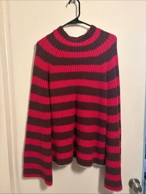 MAEVE Striped Red and Maroon Ribbed Crewneck Sweater Women Anthropologie LARGE